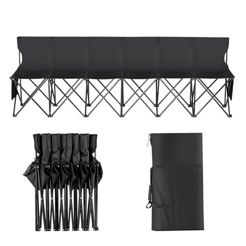 Happybuy Portable Folding Bench, 6 Seats Sideline Bench with Backrest, Outdoor Camping Chair, Black, No Assembly