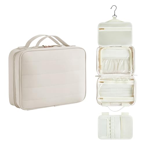 Toiletry Bag, Travel Bag for Women & Men, Portable Cosmetic Bag with Hanging Hook, Durable, Waterproof for Shampoo, Makeup, Essentials, Toiletries Acessories (Beige)