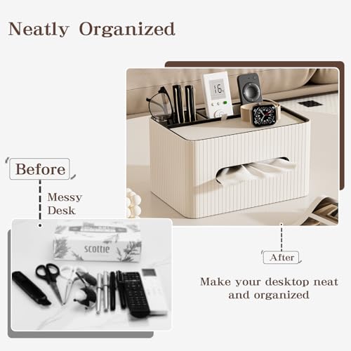 KINGFOM Leather Tissue Box Cover with Storage Tray, Decorative Tissue Box Holder Organizer for Office Desk, Bedroom & Nightstand, Remote Control Holder for Perfume, Watch, Glasses, Pens (Ivory White) by KINGFOM - Image 9
