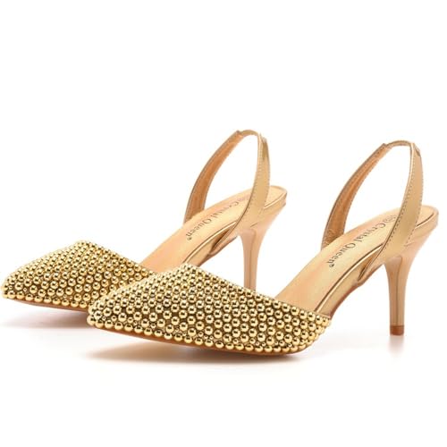 NIAIRKE Pearl Slingback Heels for Women, Pointed Closed Toe Slip on Heeled Sandals Satin Stiletto...
