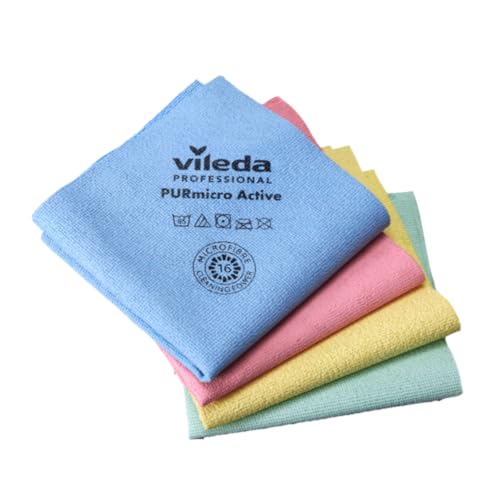 Vileda Professional Bayeta Purmicro Active Colores, Bayetas De Microfibra Para Limpieza Segura Por Zonas, Pack 4 Unidades