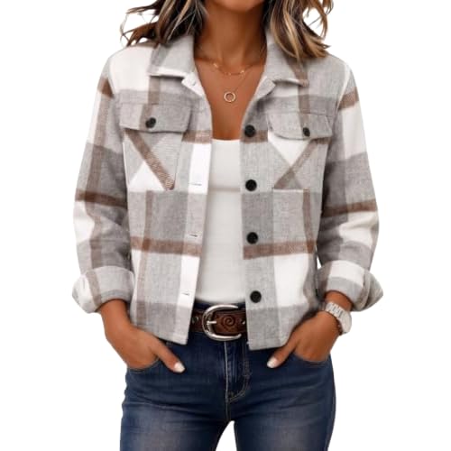 Elneeya Womens Plaid Jacket Cropped Vintage Button Up Collared Fall Coat - image 1