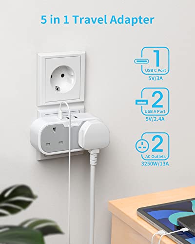 UK to European Plug Adapter, VINTAR 2 Way Grounded Schuko Europe Travel Adapter with 2 USB A 1 USB C Ports - Image 2