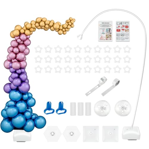 Kit completo di supporto per arco a palloncino: include 2 tubi curvi, 3 tubi di giunzione, 2 basi esagonali, 2 tasche d'acqua quadrate, 2 portabottiglie, 30 loop multifunzionali, 2 nocchi, 1 rotolo di nastro adesivo, 1 rotolo di catena di palloncini, 1 pompa, 1 sacchetto di stoccaggio (sacchetto OPP), 1 foglio di istruzioni. Palloncini non inclusi