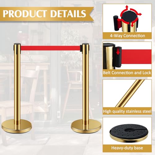 Ferraycle 4 Set Stainless Steel Stanchions with Retractable Belts Crowd Control Ropes and Poles Safety Crowd Control Barriers Queue Line Dividers for Crowds Gold Stanchion Post with Red 6.6 Ft Belt - Thumbnail 4