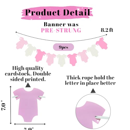 Image of Pre-Strung Pink Gingham Bodysuit Baby Shower Garland Banner - 9 Double-Sided Onesie Cards-Baby Shower Decoration for Girls, Pink Nursery Decor, Newborn Celebration Banner