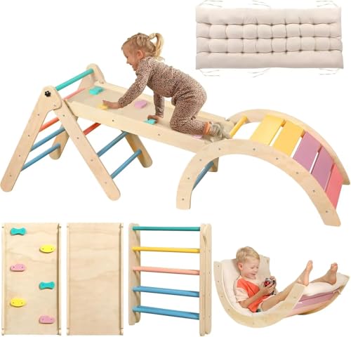 Image of Yopnoyik Pikler Triangle Set with Cushion, 7 in 1 Toddler Climbing Toys Indoor, Montessori Foldable Climbing Set, Wooden Climbing Toys for Toddlers Inside with Ramp, Arch and Ladder (Rainbow)
