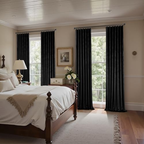 Image of Black Out Velvet Room Darkening Curtains 63 Inch Length for Living Dining 2 Panels Heavy Privacy Energy Smart Insulating Summer Heat Winter Curtain for Kitchen Door Doorway Master Bedroom Guest Office
