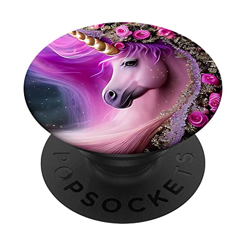 Magical Unicorn with Pink Roses PopSockets Swappable PopGrip, Black