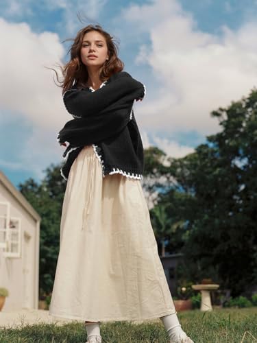 Image of YKR Chunky Knit Cardigan for Women Open Front Contrast Trim Sweaters Button Down Long Sleeve V-Neck Outerwear Coats