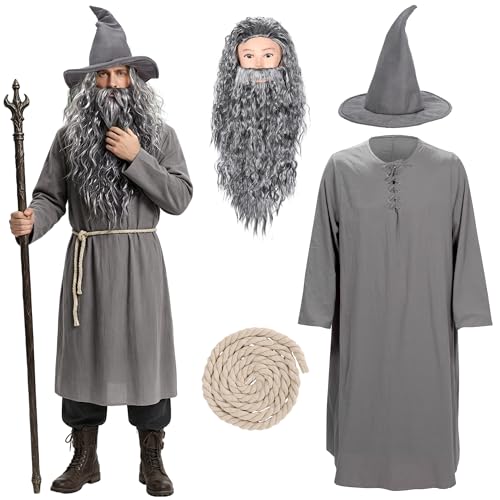Forwe 5Pcs Wizard Costume for Adults Grey Wizard Robe Hat Wig Beard and Waist Rope Halloween Cosplay Costumes For Men (M/L)