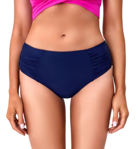 COCOPEAR Full Coverage Bikini Bottoms for Women Ruched Tummy Control Swim Bottoms Mid Rise Bathing Suit Bottoms for Women Navy S
