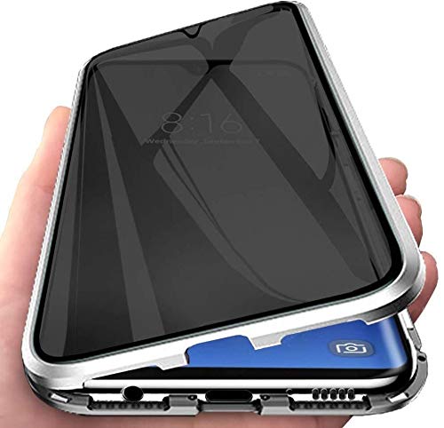SIMao Anti-Espion pour Honor 70 Coque, 360 Degrés Métal Bumper Protection Housses Adsorption Magnétique Étui avec Objectif Caméra Arrière Cover,Film Verre Trempé Confidentialité,Argent