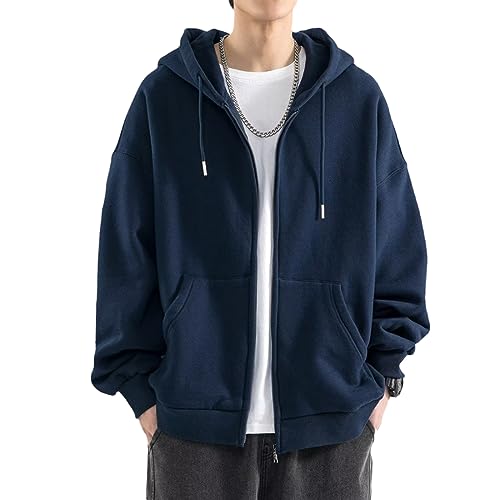 Sweatshirt à capuche hommes bleu foncé couleur unie fermeture éclair