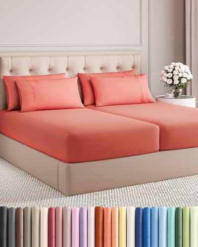 Image of Split King 7 Piece Bed Sheet Set - Comfy, Breathable & Cooling - Coral | Ultra-Soft Hotel Luxury Bedding Set w / 8-16 Inch Deep Pockets, 1 Flat & 2 Fitted Sheet & 4 Pillowcases, Wrinkle & Fade Free