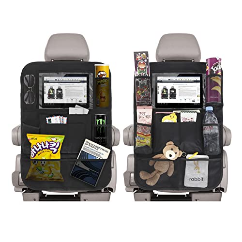 JUSTTOP Black Car Backseat Organizer with Touch Screen Tablet Holder, 9 Storage Pockets Kick Mats Car Seat Back Protectors for Kids Toddlers, Car Travel Accessories, 2 pack