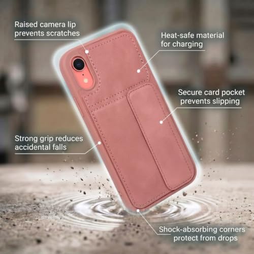 Image of amazon basics Luxury Vegan Leather Back Cover for iPhone XR | Built-in Card Holder Slot | Integrated Mobile Stand | Slim Shockproof Protective Case with Stitched Finish - Pink