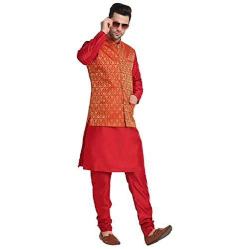 Image of KRAFT INDIA Mens Gold Silk Blend Kurta and Churidar Set With Jacquard Paisley Nehru Jacket