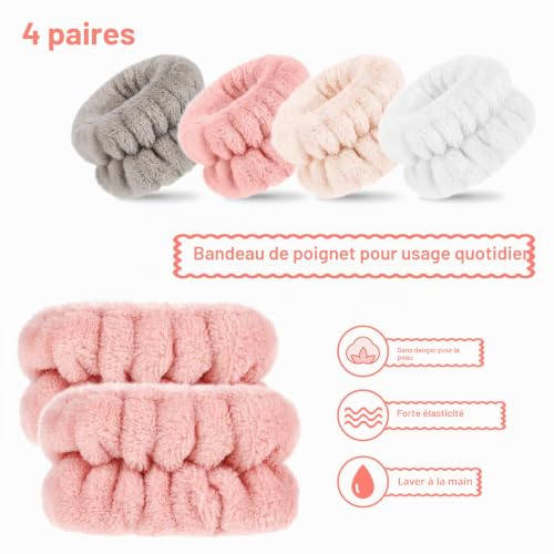 Lot de 4 Paires de Bracelets de Bain en Microfibre Absorbant pour Le Visage pour Femme - Empêche Le déversement de Liquide (Marron, Blanc, Style Classique) – vue 4