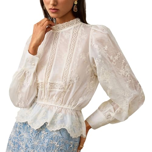 HERYEA Women's Sheer Lace Blouse - Round Neck, Puff Long Sleeves & Cinched Waist Design,Elegant Floral Embroidery Cotton Top for Casual/Date Wear(25H137 Apricot XS)