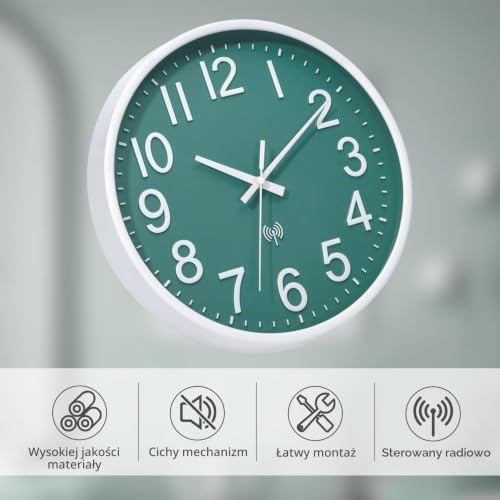 ACCSHINE Zegar radiowy na ścianę, bez tykania, cichy, 30 cm, kwarcowy, zasilany bateriami, duży, zegar ścienny, łatwy do odczytania, do pokoju, domu, kuchni, sypialni, biura, szkoły (morska zieleń)