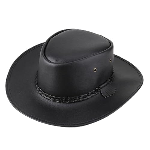 Western Cowboy Hats Faux Leather Women Men Fedora Hat Cowboy Style Outback Hat with Buckle Strap (Black 2, One Size)