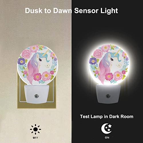 Image of Girl Unicorn Plug in Night Light Cute Animal Unicorn with Rainbow Hair Spring Flowers Leaf Nightlight Dusk to Dawn Sensor LED Lighting for Bedroom Bathroom 0.5W Sleep Friendly