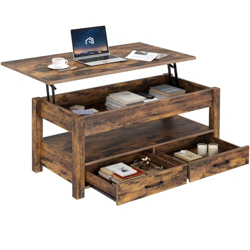 Rolanstar Coffee Table, Lift Top Coffee Table with Drawers and Hidden Compartment, Retro Central...