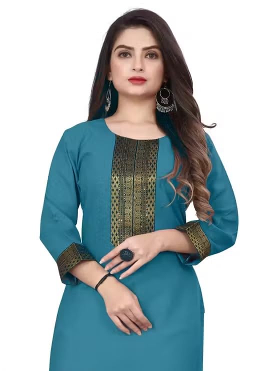 Image of Women Straight Woven Design Cotton Blend Round Neck 3 /4 Sleeve Kurti Only