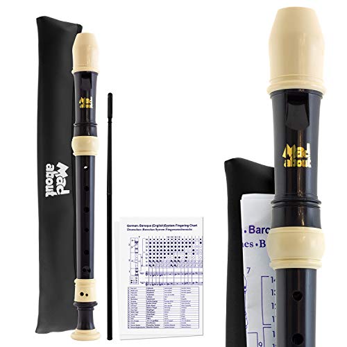 Mad About MA-REC05 Flûte à bec soprano pour l'école avec sac, tige de nettoyage et tableau des doigtés, noir et ivoire.