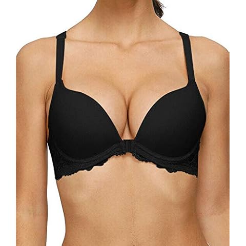 Women's Front Closure Racerback with Lace Bra Push Up Padded Plunge Underwire Brassiere, Black, 34D Cover