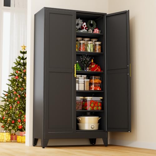 Image of 78.7 inch Tall Metal Pantry Cabinet, Freestanding Kitchen Storage Cabinet | with 2 Doors and 5 Adjustable Shelves, Versatile Storage Cupboard for Kitchen, Laundry, Dining & Utility Room, Black