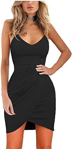 Zalalus Women's Bodycon Cocktail Party Dresses Deep V Neck Backless Spaghetti Straps Sexy Summer Short Casual Club Sundress Black Medium