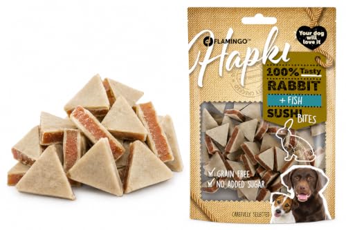 Snack per cani - Bastoncini per cani - Hapki Cubetti di sushi con coniglio & pesce - Senza cereali - 85 g - Flamingo
