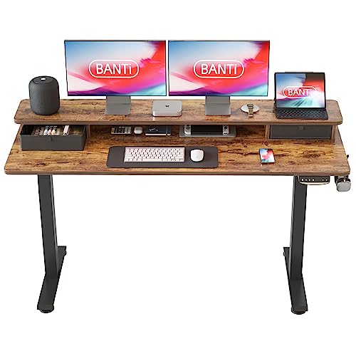 BANTI 55x24 Inch Electric Standing Desk with Double Drawers, Adjustable Height Stand Up Desk, Sit Stand Home Office Desk with Storage Shelf, Rustic Brown Top BANTI 55x24 Inch Electric Standing Desk with Double Drawers, Adjustable Height Stand Up Desk, Sit Stand Home Office Desk with Storage Shelf, Rustic Brown Top