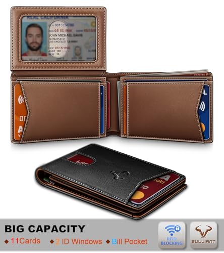Image of BULLIANT Men Slim Leather Pocket Wallet Bill Holder 11Cards-Genuine Leather | RFID Blocking | Easy Access | Gift Boxed