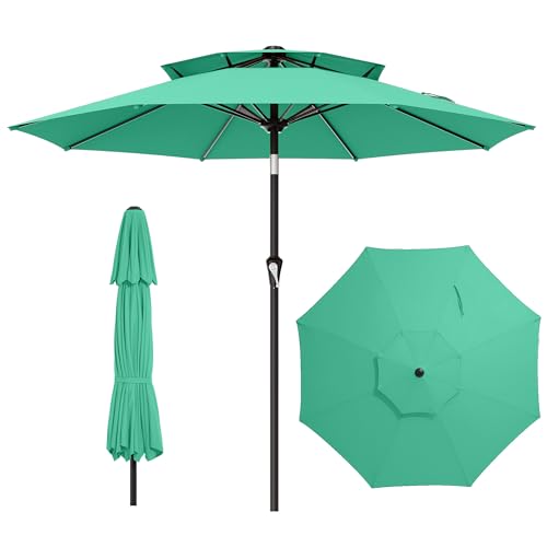Image of AreShark 9ft 2 Tiers Patio Umbrella - Outdoor Umbrella Waterproof UV Protection, Market Table Umbrella w /Push Button Tilt&Crank for Pool, Porch, Garden(Turquoise)