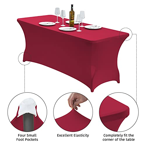 Image of CWK 4FT Waterproof Stretch Spandex Table Cover for Rectangular Tables - Elastic Fitted Tablecloth for Folding Tables,Wrinkle Resistant Table Cloth for Parties, Weddings, Banquets & Events(Apple Red)