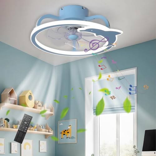 LASANYA Modelado De Delfines Ventilador De Techo Con Luz, Habitación Infantil Lampara De Techo Led Ventilador, Con Altavoz Bluetooth, Moderno LED Silencioso Lampara Ventiladores Techo-Azul