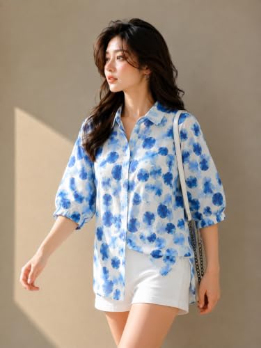 Image of Women's Printed Casual Shirt | Loose Fit Button Down Collared Shirt | Soft & Lightweight Everyday Wear Top