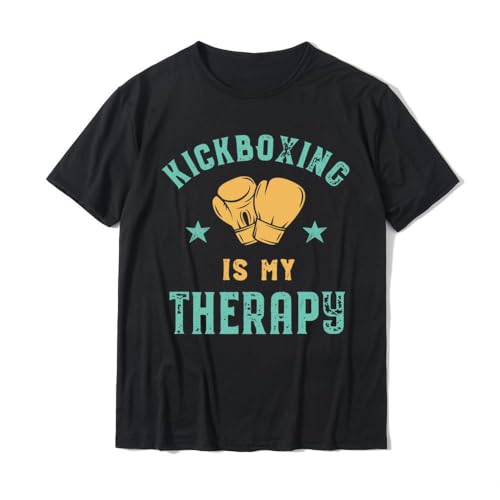 ATYPS Kickboxing Is My Therapy Sarcastic Funny Boxing Kickboxer Custom Tops T Shirt For Men Company Cotton T Shirts Funny Black L