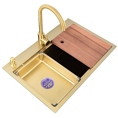 Single Bowl Bar Prep Kitchen Sink Golden RV Sink Drop In Or With Large Bend Faucet And Drain Assembly (Gold 80x46x22cm) (Gold 80
