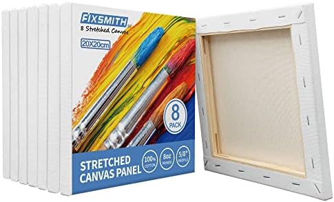 FIXSMITH Stretched White Blank Canvas- 20x20 cm, 8 Pack,Primed,100% Cotton,5/8 Inch Profile of Super Value Pack for Acrylics,Oils & Other Painting Media.