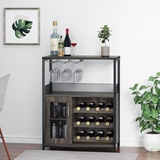 IDEALHOUSE 3-Tier Wine Bar Cabinet with Detachable Wine Rack and Storage Space, Buffet Cabinet with Glass Holder and Mesh Door, for Kitchen, Living Room and Bar (Dark Wood)