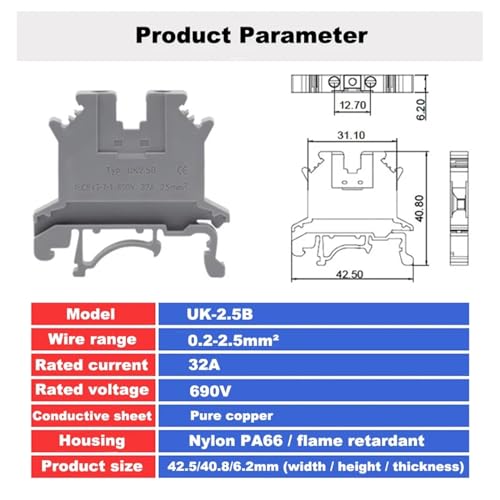 Bloque de terminales Bornier UK2.5B, conector eléctrico tipo tornillo para riel DIN de 32A 6