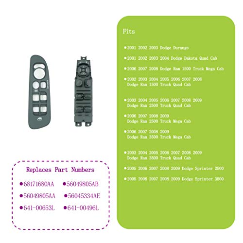 68171680AA Master Power Window Switch & Bezel Replacement for Dodge 2002-2010 Ram 1500 2500 3500 Durango Dakota Sprinter 2500, Replace 56049805AB, 56049805AA,641-00653L