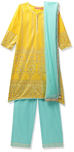 BIBA Women Yellow Cotton Girls Straight Kurta Palazzo Suit Set