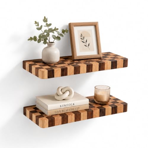 FYCTIO Floating Shelves for Wall, 16 Inch Solid Wood Checkered Wall Shelves