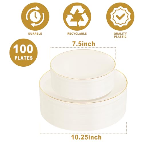 PULOTE 100PCS Ivory Plastic Plates - Cream Plastic Disposable Heavy Duty for Party & Thanksgiving - Include 50 Each (Dinner & Dessert) Plates