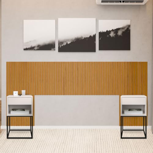 Cabeceira Ripado em MDF Cama Casal Com 2 Mesas de Cabeceira Sofia 1 Gaveta - LH Móveis (Nature - Mes